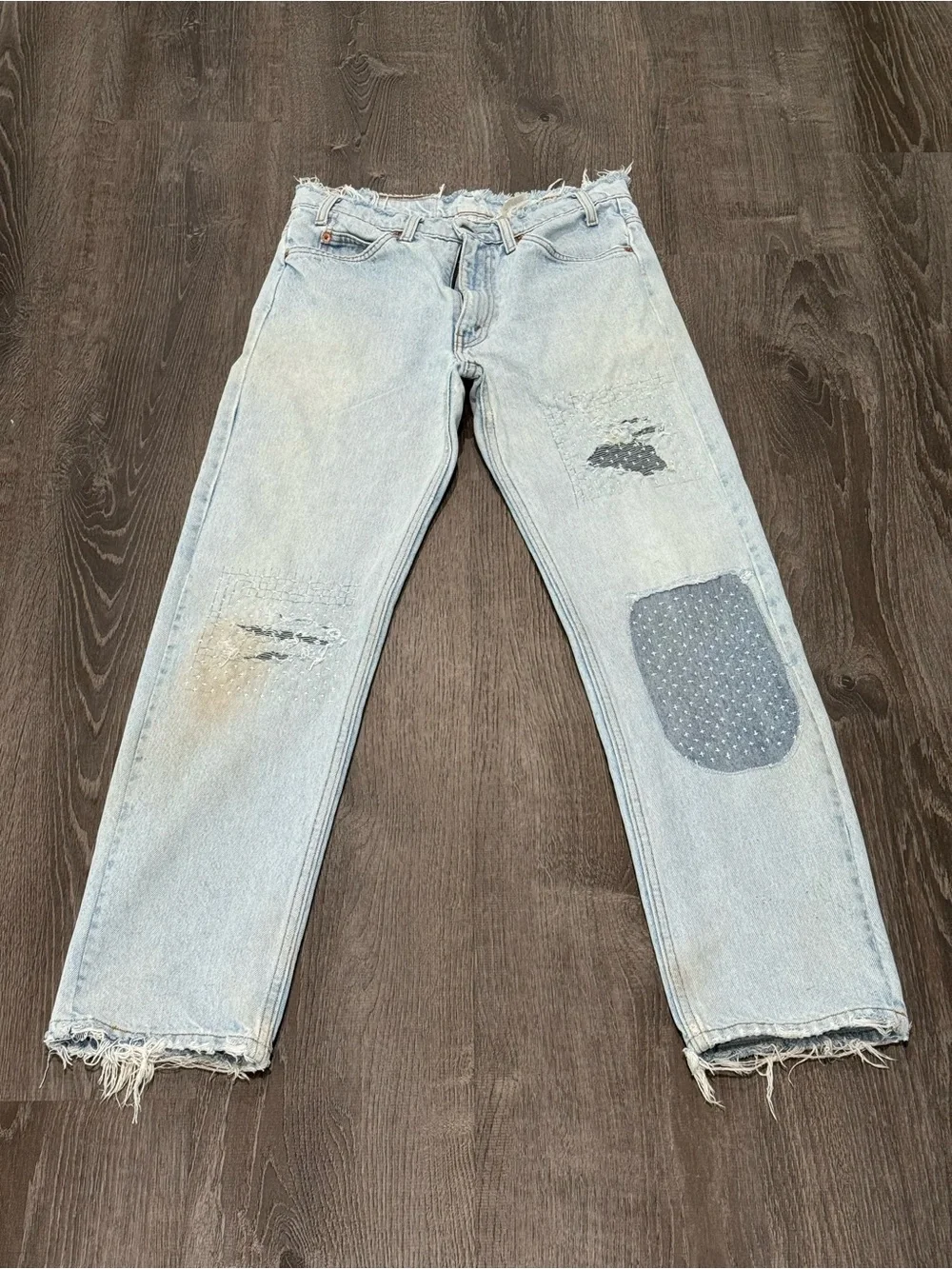 Vintage orange tab Y2K Light Blue Distressed Men’s Jeans with Patch Detail